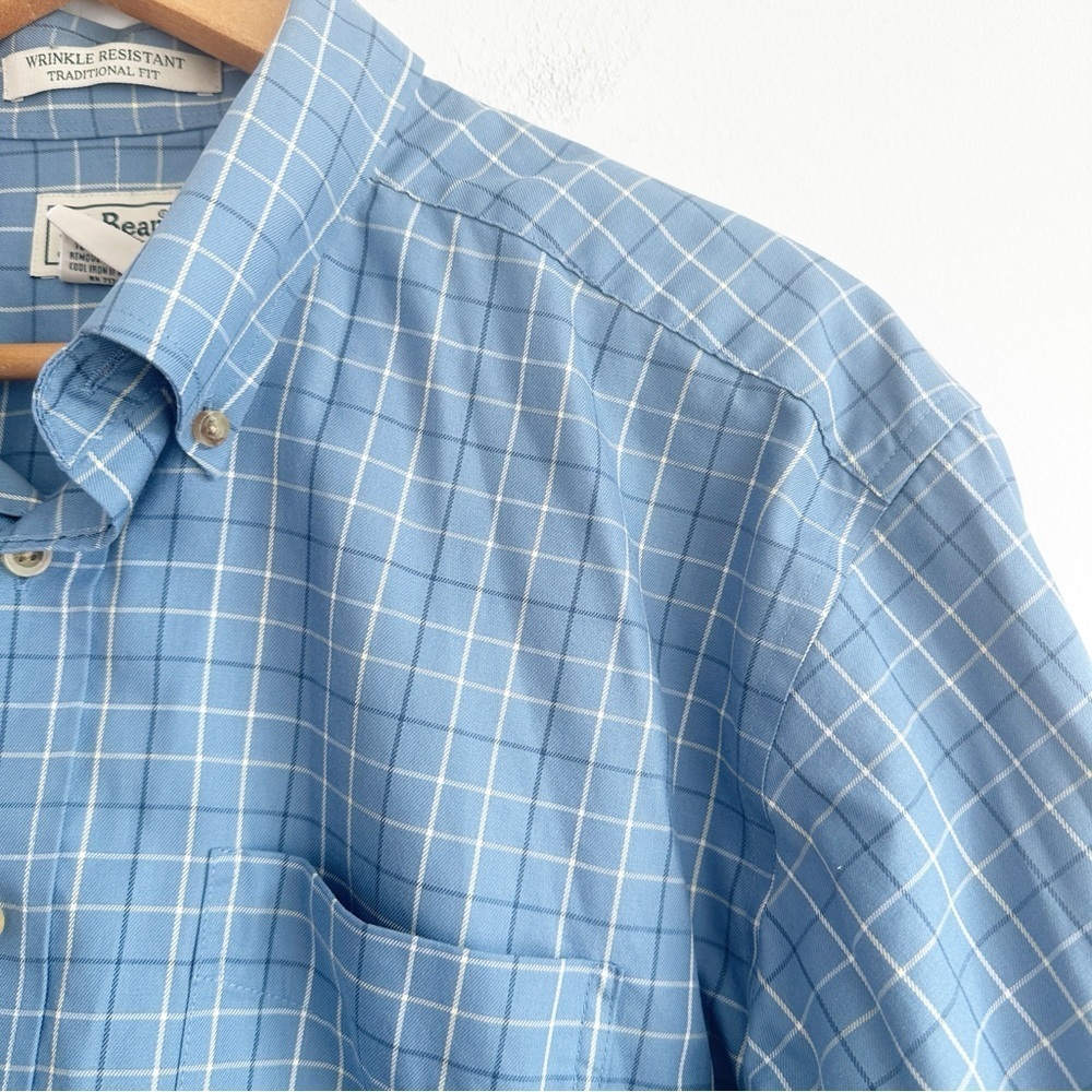 LL Bean Mens Large Button Down Shirt Wrinkle Free Blue Plaid Long Sleeve - Picture 2 of 7